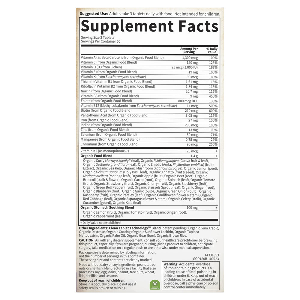 Garden of Life Organics Prenatal label illustrating three-tablet daily serving.