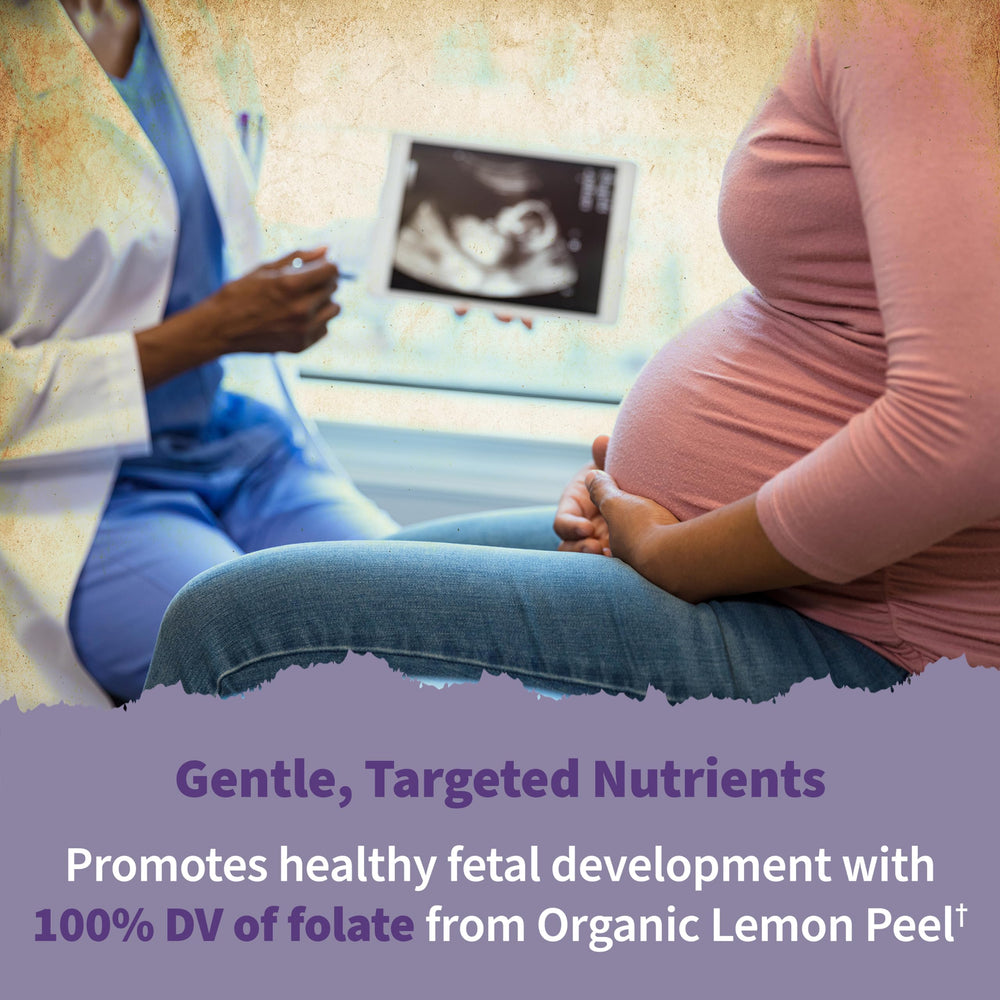 Garden of Life Organics Prenatal packaging featuring ginger-peppermint stomach-soothing blend.