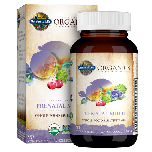 Garden of Life Organics Prenatal Multi bottle on kitchen counter for daily use