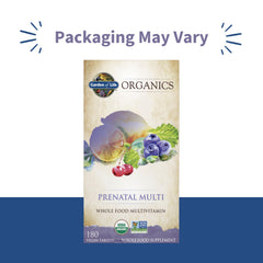 Close-up of Garden of Life Organics Prenatal tablets, easy to swallow.