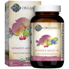 Garden of Life Organics Women 40+ multi bottle on shelf supports daily energy and metabolism.