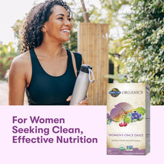 Garden of Life Organics Women's Multivitamin organic fruits background highlighting real-food sourcing
