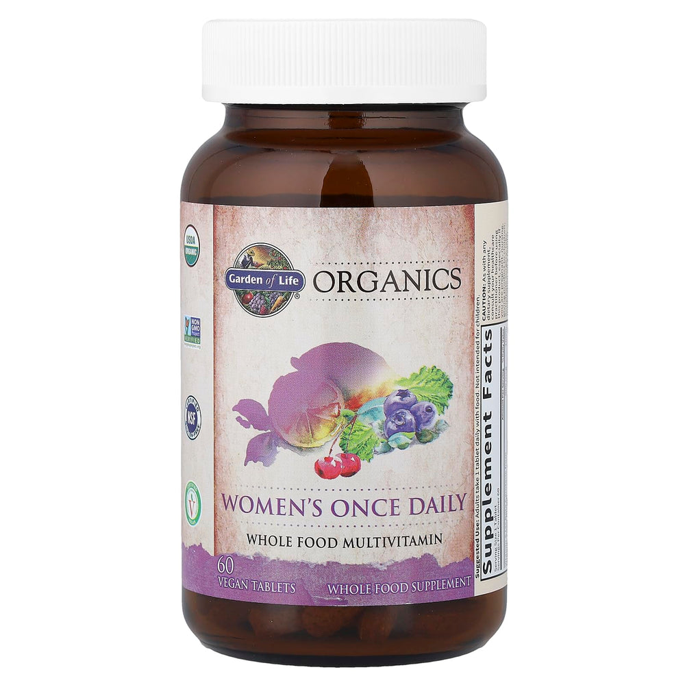 Garden of Life Organics Women's Multivitamin packshot emphasizing real-food ingredients
