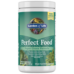 Garden of Life Perfect Food super green formula tub label showing natural greens for daily use