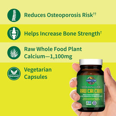 Garden of Life Raw Calcium label detail shows K2, D3, and probiotic blend for digestion