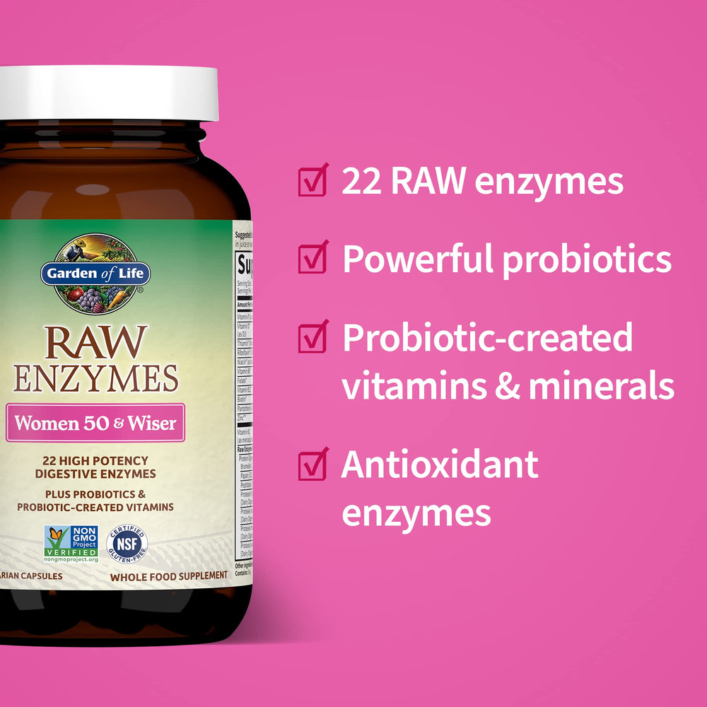 Garden of Life RAW Enzymes 22 for Women 50+ bromelain, papain, lactase panel