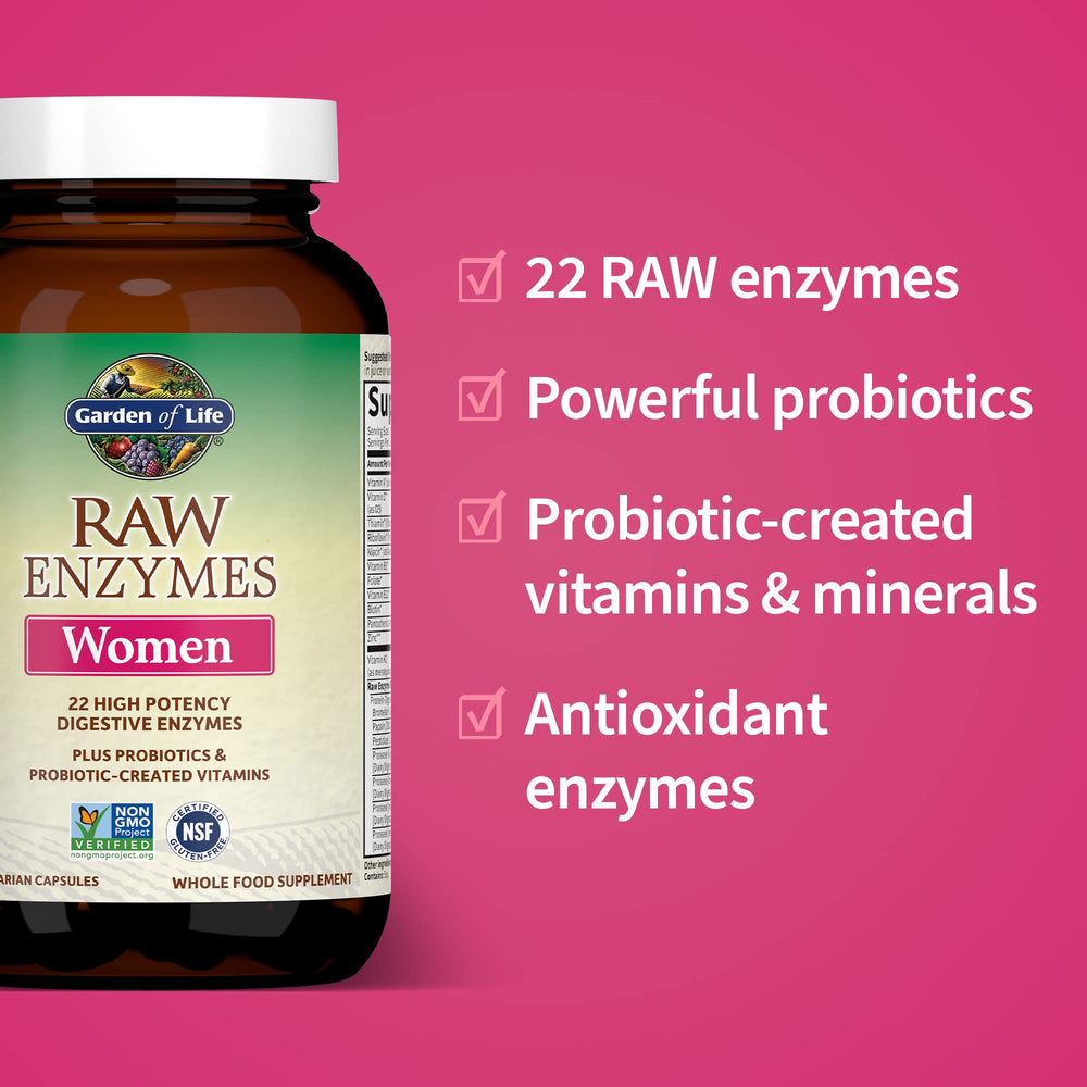 Garden of Life RAW Enzymes ingredients chart image demonstrates 22 enzymes and probiotic support.