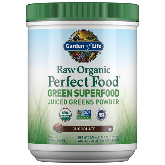 Garden of Life green superfood powder in chocolate tub highlighting raw greens for daily vitality
