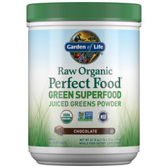 Garden of Life green superfood powder in chocolate tub highlighting raw greens for daily vitality