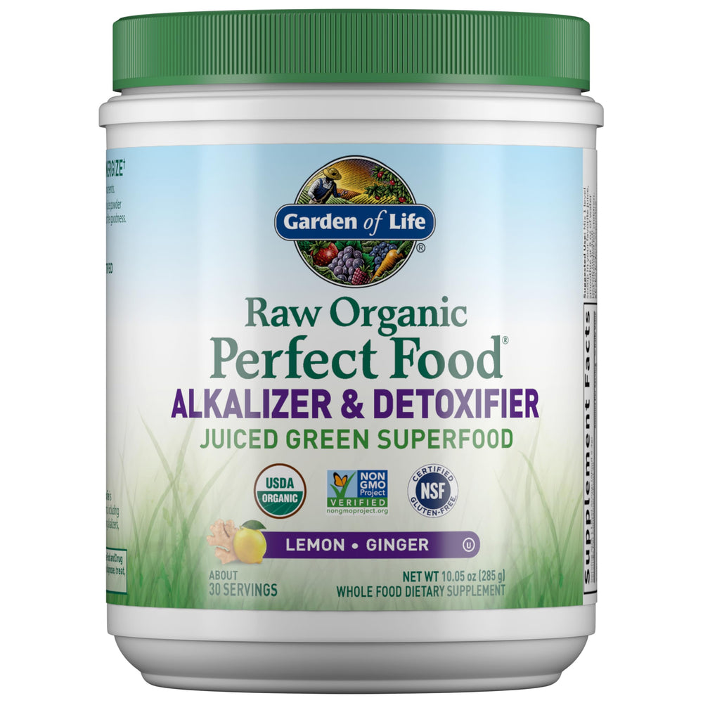 Garden of Life Raw Organic Perfect Food powder in a scoop for easy daily greens.