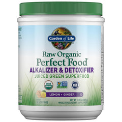 Garden of Life Raw Organic Perfect Food powder in a scoop for easy daily greens.