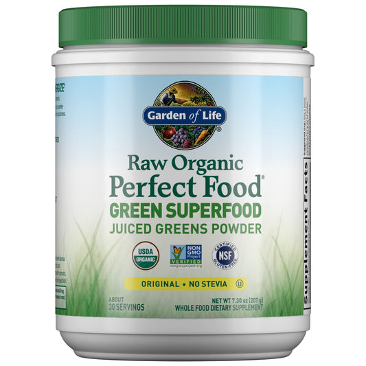Garden of Life Raw Organic Perfect Food powder in a tub for daily greens boost