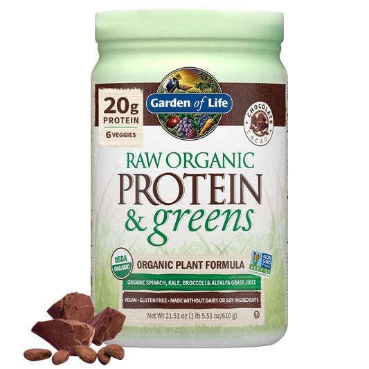 Garden of Life Raw Organic Protein & Greens in Chocolate Cacao bottle with scoop for easy shakes.