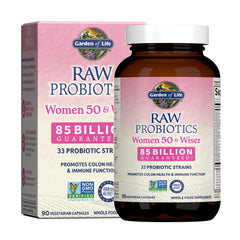 Garden of Life Raw Probiotics Women 50 & Wiser bottle with 90 capsules on white background for gut health support