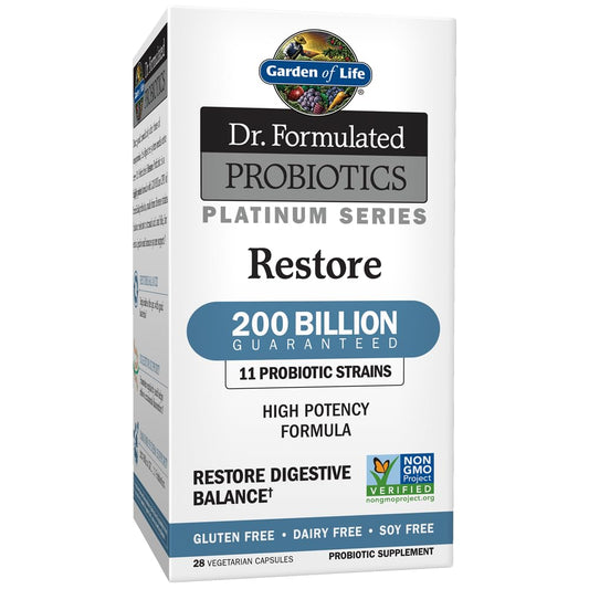 Garden of Life Restore bottle front showing 200B CFU and probiotic focus