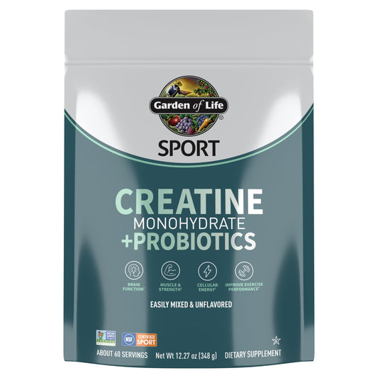 Garden of Life SPORT Creatine bottle shows 5 g per serving for muscle support.