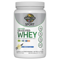 Garden of Life SPORT vanilla grass-fed whey protein tub for post-workout recovery