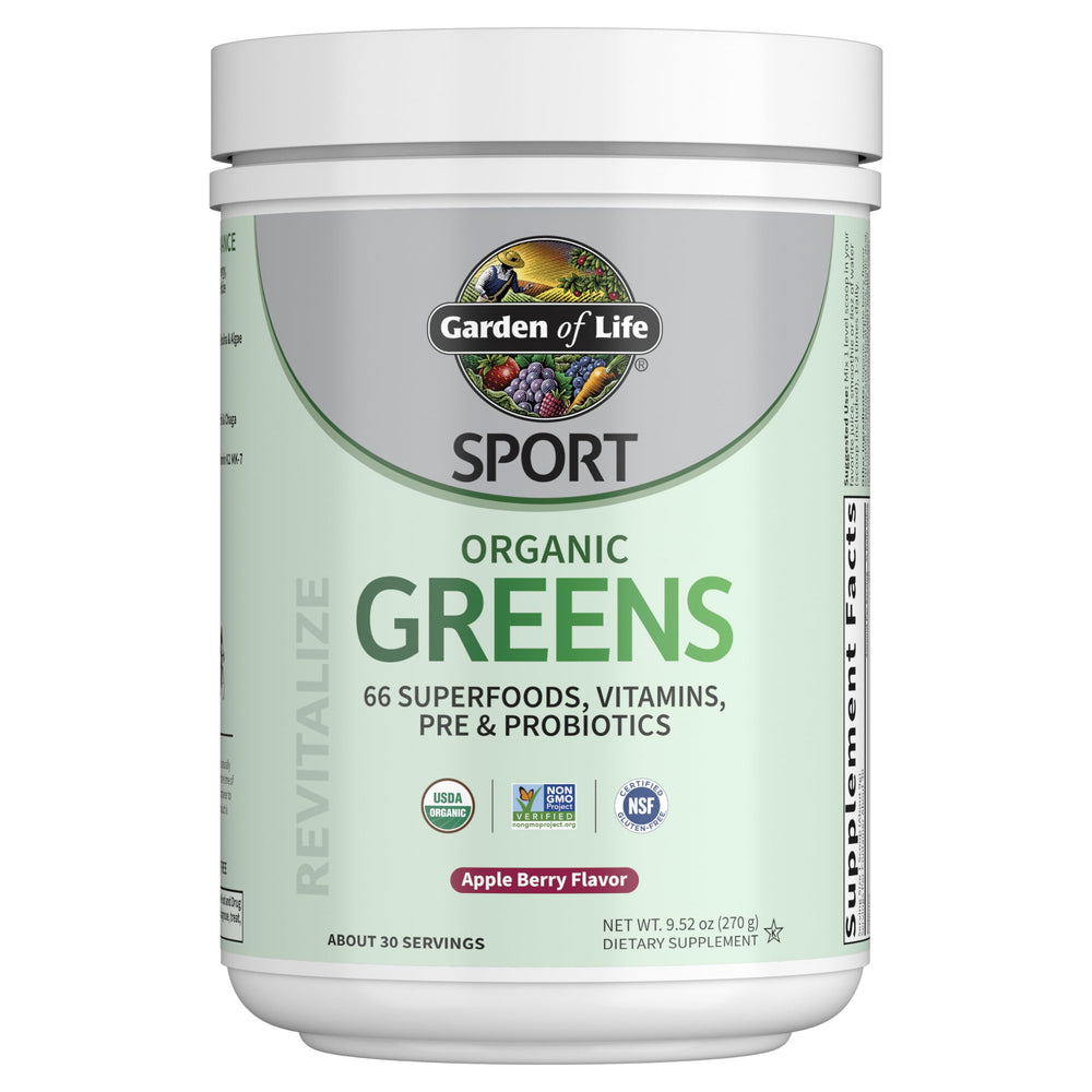 Garden of Life Sport Greens Apple Berry tub front, showcasing organic greens for daily vitality.