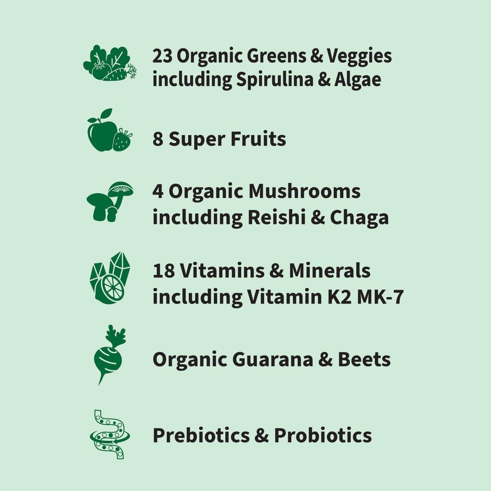 Garden of Life Sport Greens Apple Berry tub label, highlighting organic certifications and natural ingredients.