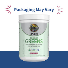 Garden of Life Sport Greens Apple Berry tub label, highlighting organic certifications and natural ingredients.