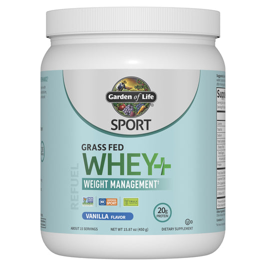 Garden of Life SPORT Whey Plus vanilla bottle ideal for post-workout protein.