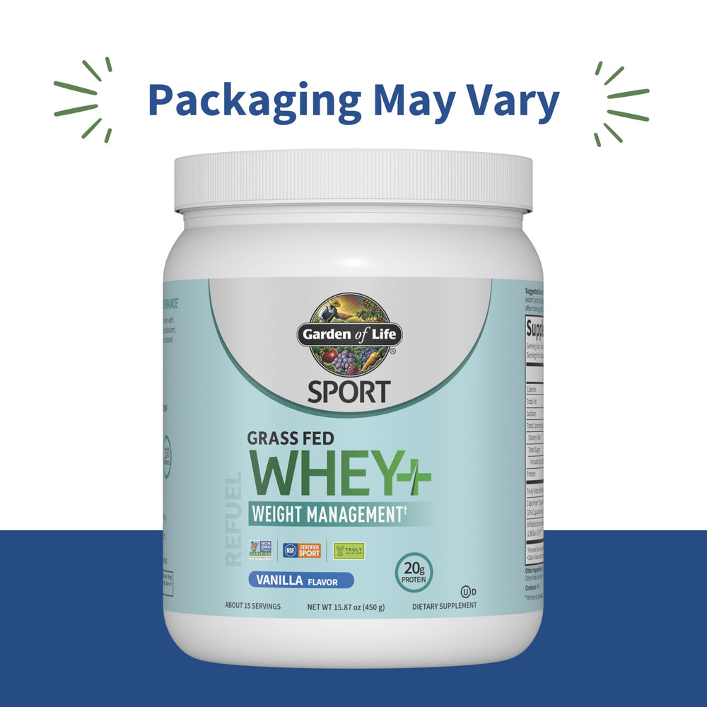 Garden of Life SPORT Whey Plus vanilla powder tub for quick shakes.