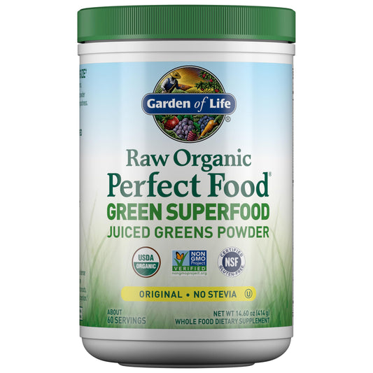 Garden of Life Super Greens bottle on kitchen counter boosts daily greens intake