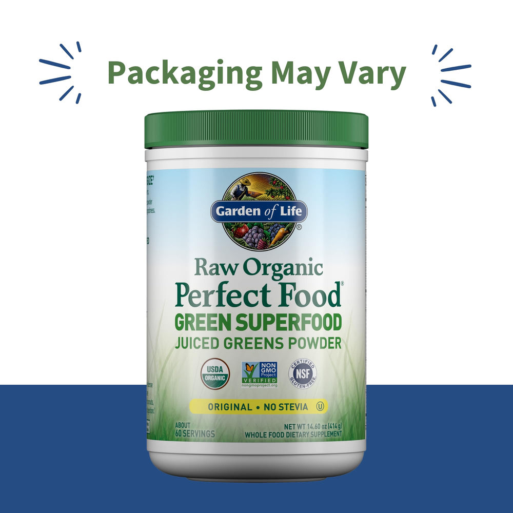 Garden of Life Super Greens scoop with powder next to fresh fruits highlights convenience for busy mornings