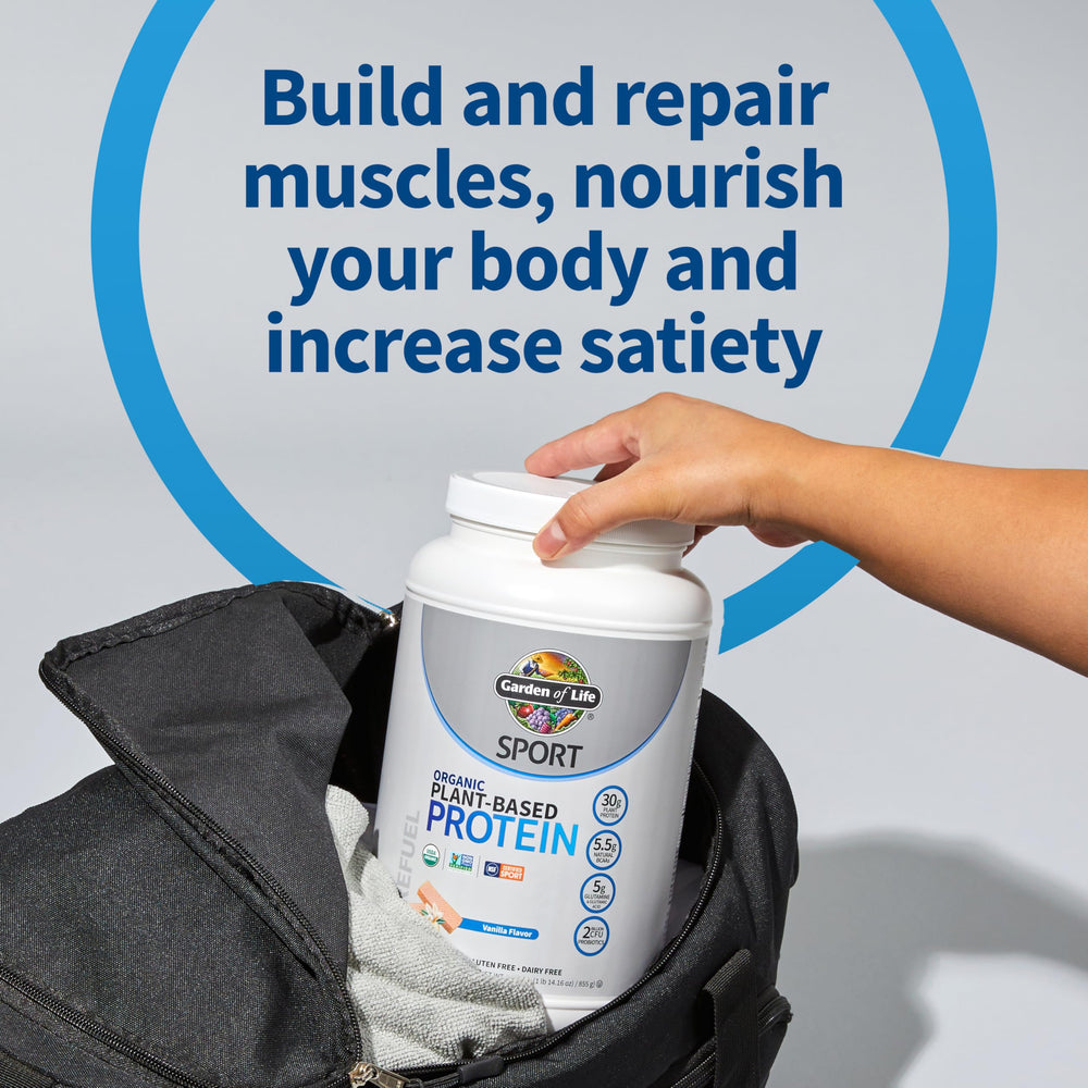 Garden of Life protein powder scoop with vanilla, easy post-workout shake.