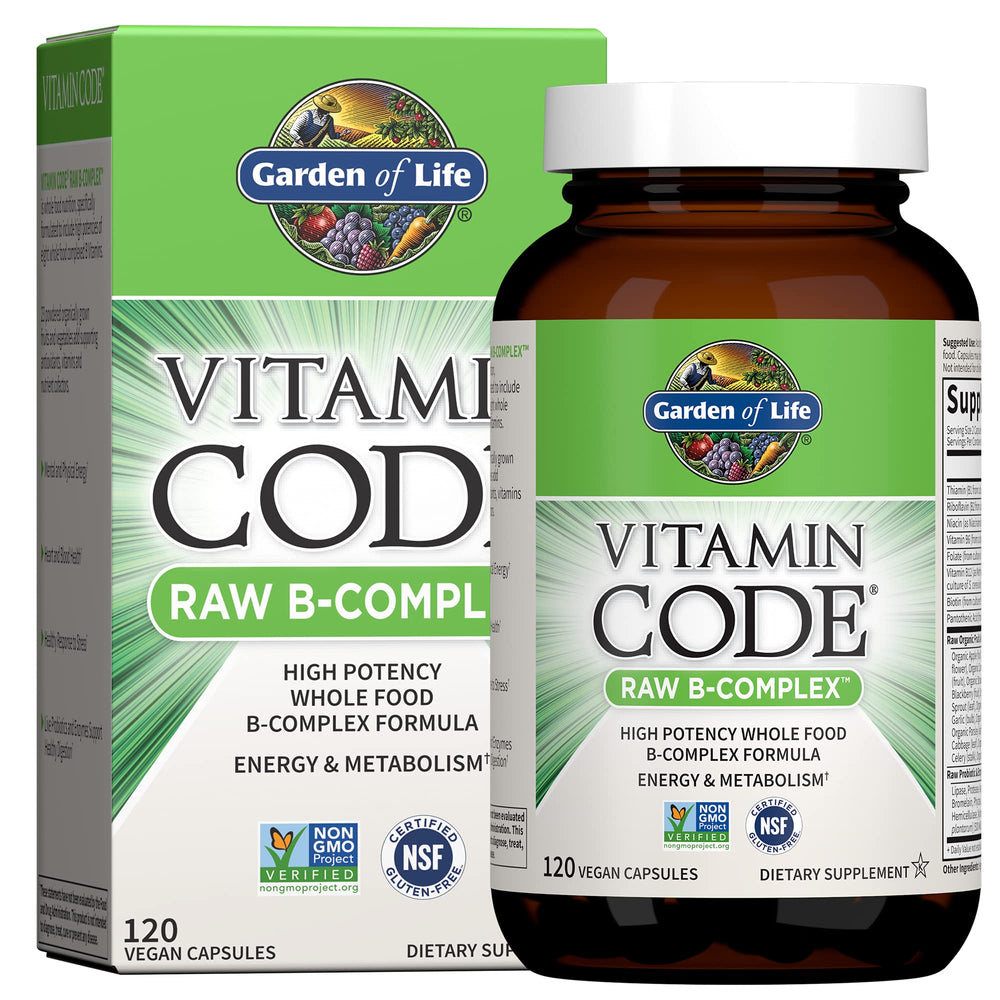 Garden of Life Vitamin B Complex bottle front view, vegan capsules for energy support.