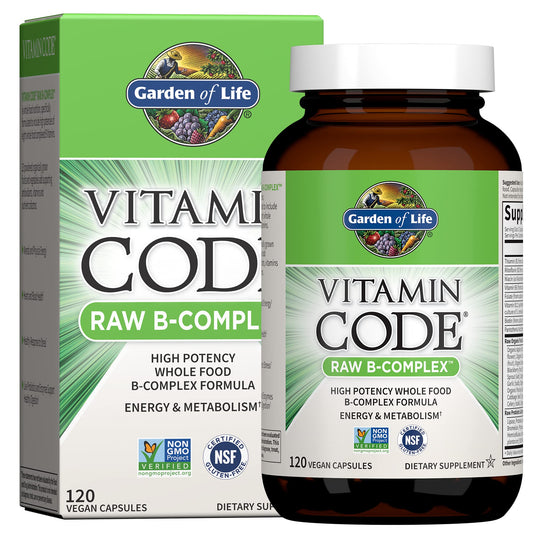 Garden of Life Vitamin B Complex bottle front view, vegan capsules for energy support.