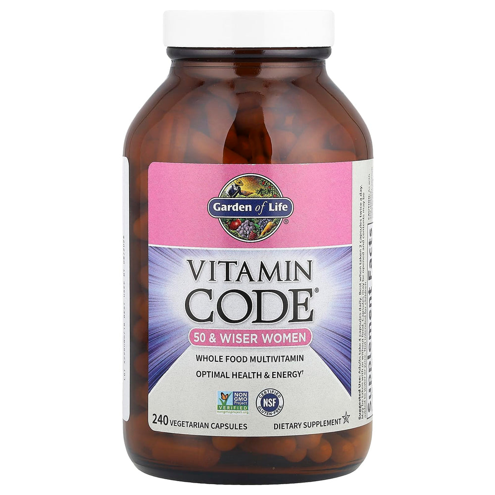 Garden of Life Vitamin Code 50 & Wiser Women bottle in hand for easy daily use