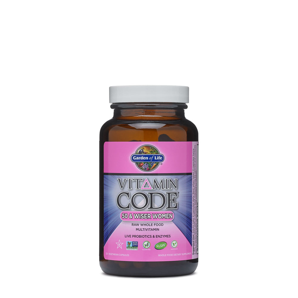 Garden of Life Vitamin Code 50 & Wiser Women bottle with VegiCaps for daily nutrient support.