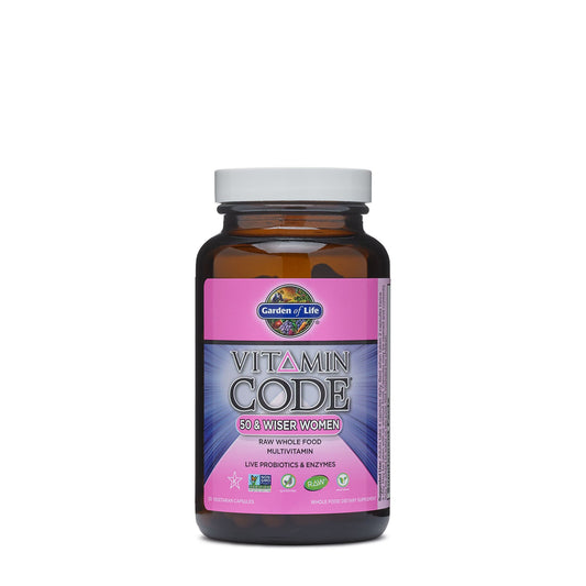 Garden of Life Vitamin Code 50 & Wiser Women bottle with VegiCaps for daily nutrient support.