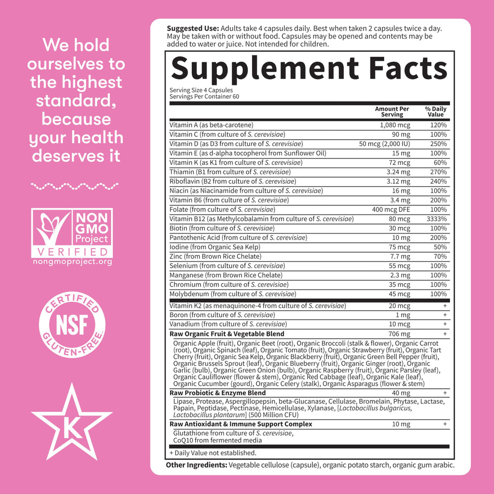 Garden of Life Vitamin Code 50 & Wiser Women non-GMO gluten-free kosher certification on packaging