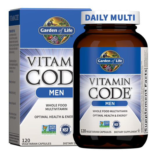 Garden of Life Vitamin Code Men bottle label highlights whole‑food ingredients and probiotics for energy.