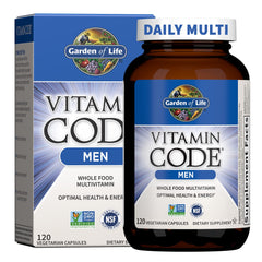 Garden of Life Vitamin Code Men bottle label highlights whole‑food ingredients and probiotics for energy.