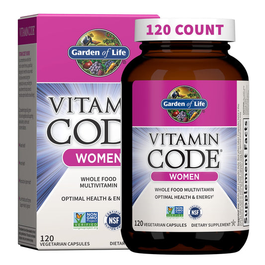 Garden of Life Vitamin Code Mujeres, botella, apoyo diario de energía y bienestar femenino.