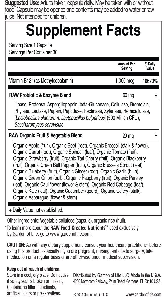 Garden of Life RAW B-12 label close-up highlighting 1000 mcg per capsule.
