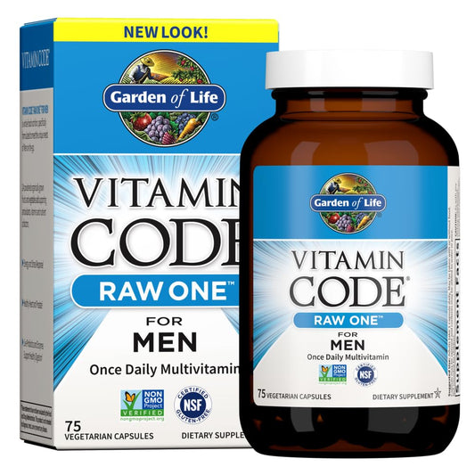 Garden of Life Vitamin Code Raw One for Men bottle with capsules for daily vitality.