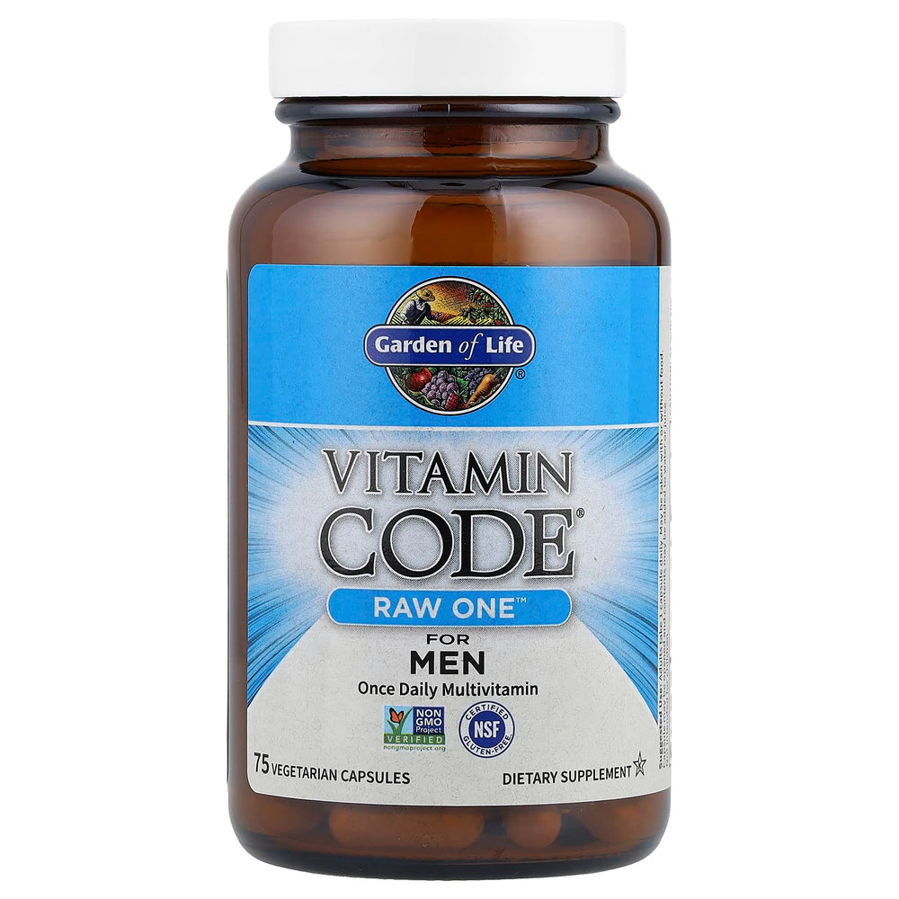 Garden of Life Vitamin Code Raw One for Men label highlights whole-food nutrients and RAW processing.
