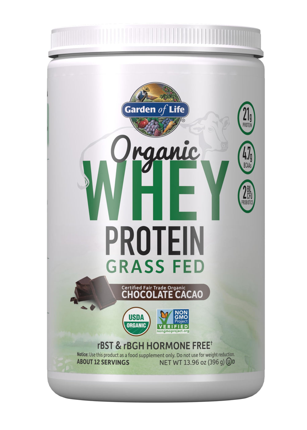 Garden of Life Whey Protein Powder Chocolate Cacao tub for muscle support and convenient pre-workout refuel.