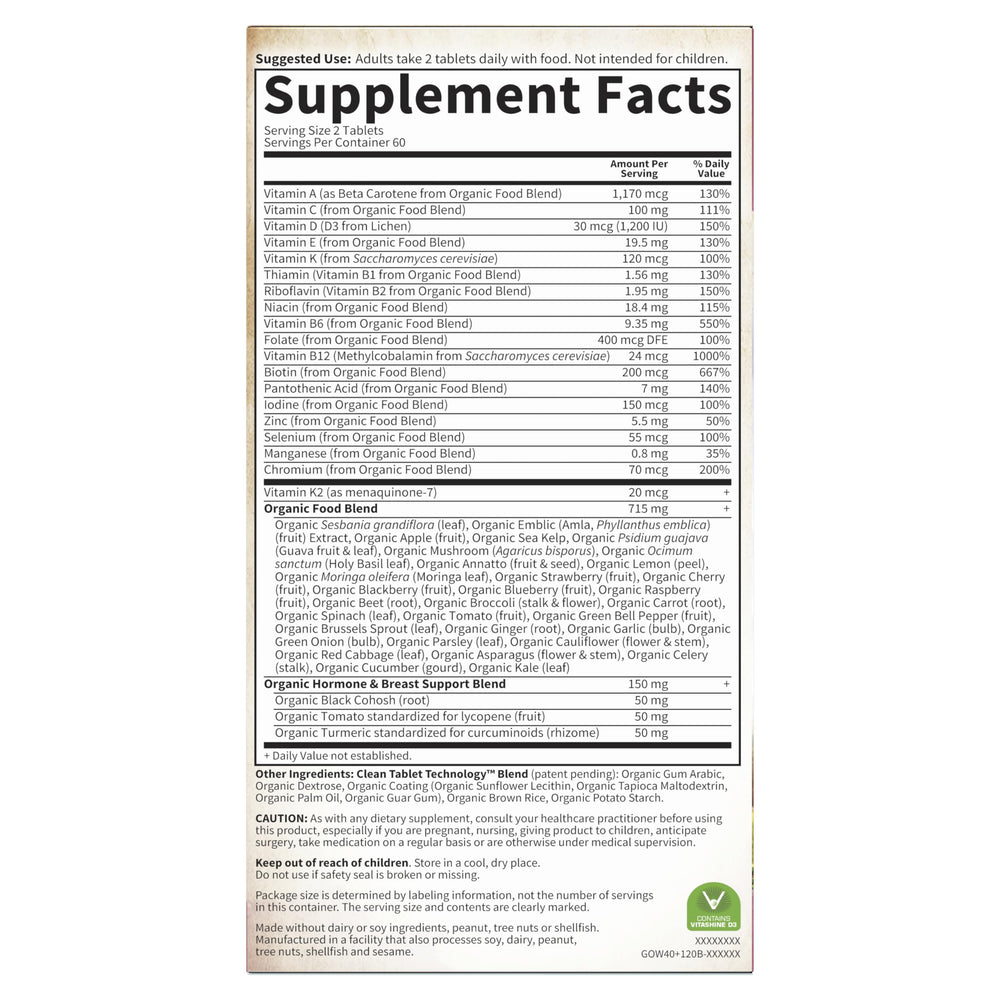 Garden of Life Women's Multivitamin bottle side view mirrors packaging details and dosage guidance.