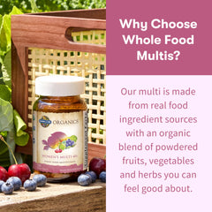 Garden of Life Women's Multivitamin organic fruits and vegetables visual suggests real-food nutrition.