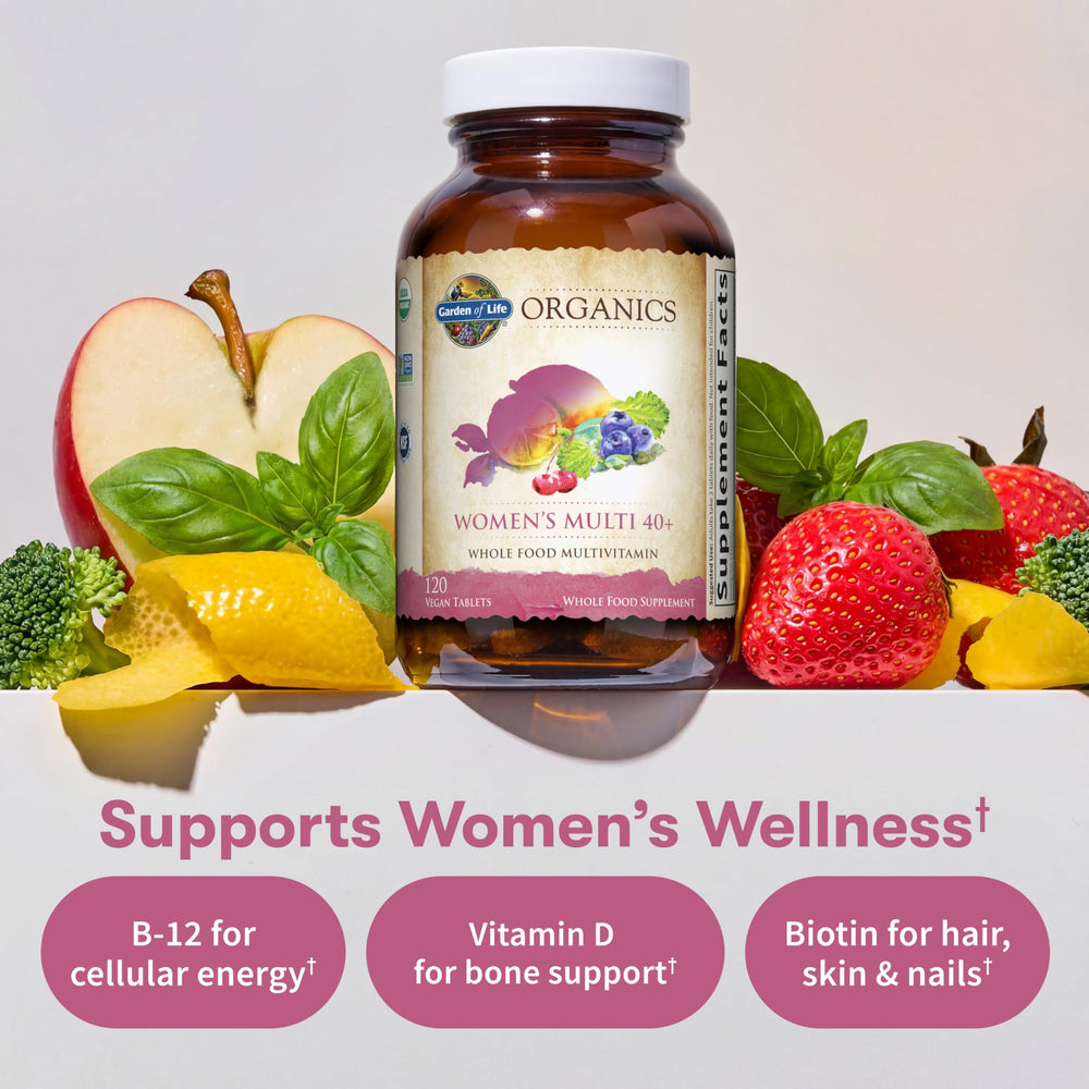 Garden of Life Women's Multivitamin tablets in hand emphasize easy daily use and steady energy.