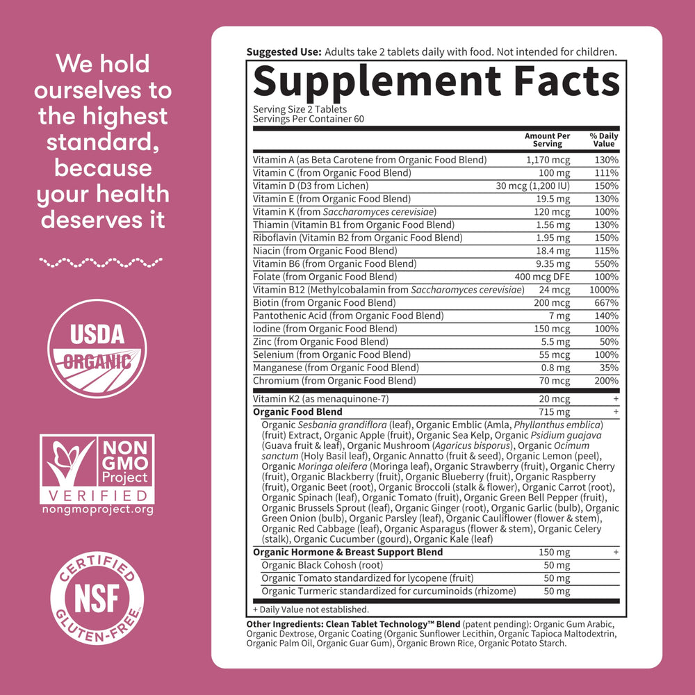 Garden of Life Women's Multivitamin vegan symbol image communicates plant-based, cruelty-free wellness support.