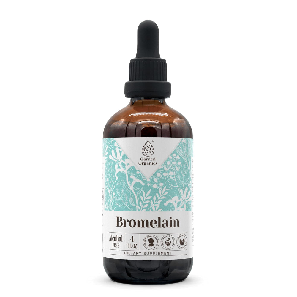 Garden Organics bromelain tincture bottle front view for precise dosing and natural support.