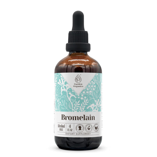 Garden Organics bromelain tincture bottle front view for precise dosing and natural support.