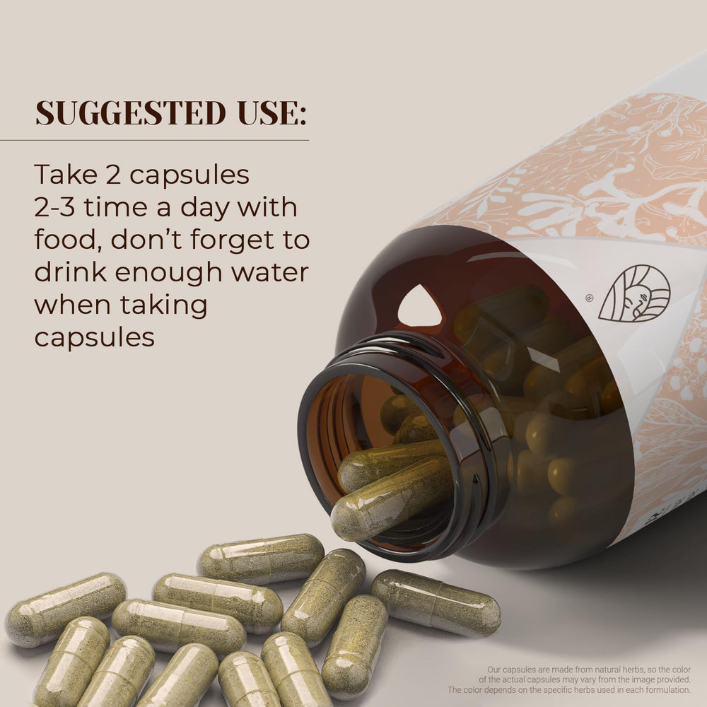 Closeup of Garden Organics Bugleweed capsules highlighting vegan formula.