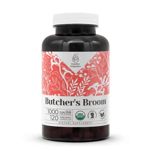 Garden Organics butcher's broom bottle shows pure, organic capsules for daily routine.